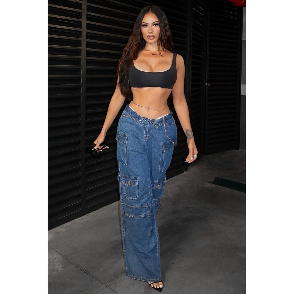 Fashion Nova Blue Jeans Size 13 High Rise Cargo Baggy Loose Y2K 90s Aesthetic - Picture 13 of 14